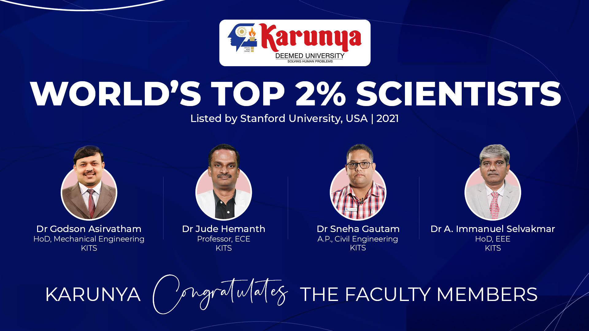 
World's top 2% scientists by Stanford University include professors from Karunya Deemed University - November 09, 2021- Karunya